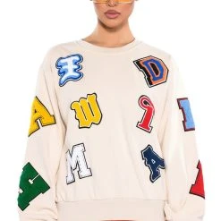 ABCDEFU PATCHWORK CREW NECK PULL OVER -helmut shop abcdefu patchwork crew neck pull over white multi 1 1 c1