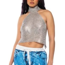 ABOVE ALL RHINESTONE HALTER TOP -helmut shop above all rhinestone halter top silver 1 1 c1 c1