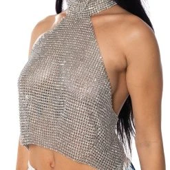 ABOVE ALL RHINESTONE HALTER TOP -helmut shop above all rhinestone halter top silver 7 7 c1