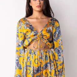 ADMIT IT LONG SLEEVE PRINTED ROMPER WITH CUT OUT -helmut shop admit it long sleeve printed romper with cut out yellow multi 3 3