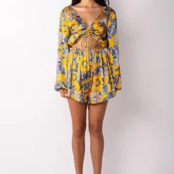 ADMIT IT LONG SLEEVE PRINTED ROMPER WITH CUT OUT -helmut shop admit it long sleeve printed romper with cut out yellow multi 7 7