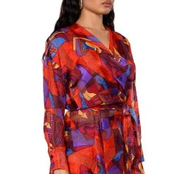 AESTHETIC SCARF PRINT TIE FRONT BLOUSE -helmut shop aesthetic scarf print tie front blouse red multi 2 2