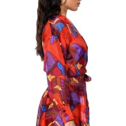 AESTHETIC SCARF PRINT TIE FRONT BLOUSE -helmut shop aesthetic scarf print tie front blouse red multi 6 6