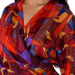 AESTHETIC SCARF PRINT TIE FRONT BLOUSE -helmut shop aesthetic scarf print tie front blouse red multi 8 8