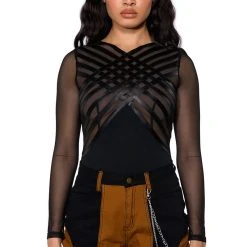 AFTER DARK FAUX LEATHER PANEL LONG SLEEVE MESH BODYSUIT -helmut shop after dark faux leather panel long sleeve mesh bodysuit black 1 1 c1 c1 c1