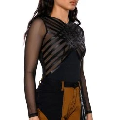 AFTER DARK FAUX LEATHER PANEL LONG SLEEVE MESH BODYSUIT -helmut shop after dark faux leather panel long sleeve mesh bodysuit black 2 2 c1 c1 c1