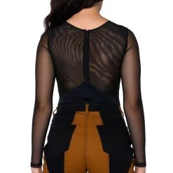 AFTER DARK FAUX LEATHER PANEL LONG SLEEVE MESH BODYSUIT -helmut shop after dark faux leather panel long sleeve mesh bodysuit black 6 6 c1 c1