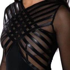 AFTER DARK FAUX LEATHER PANEL LONG SLEEVE MESH BODYSUIT -helmut shop after dark faux leather panel long sleeve mesh bodysuit black 7 7 c1 c1