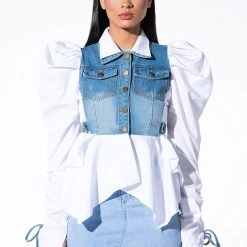 ALL ABOUT YOU DENIM TOP WITH SATIN CONTRAST -helmut shop all about you denim top with satin contrast white 3 3