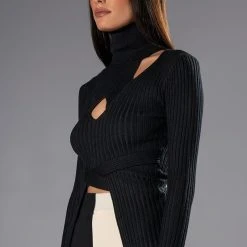 ALL IN THE DETAILS CUT OUT TURTLENECK TIE WAIST SWEATER -helmut shop all in the details cut out turtleneck tie waist sweater black 2 2 c1