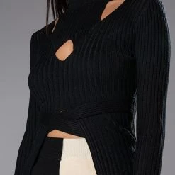 ALL IN THE DETAILS CUT OUT TURTLENECK TIE WAIST SWEATER -helmut shop all in the details cut out turtleneck tie waist sweater black 7 7 c1