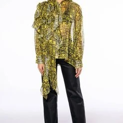ALL OVER ASYMMETRICAL BUTTONDOWN BLOUSE -helmut shop all over asymmetrical buttondown blouse yellow multi 9 9