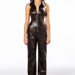 AMAYA SLEEVELESS FAUX LEATHER JUMPSUIT -helmut shop amaya sleeveless faux leather jumpsuit brown 3 3 c1