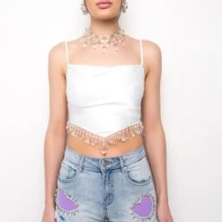 ANGEL BABE BEADED TRIM COWL NECK TANK -helmut shop angel babe beaded trim cowl neck tank white 8 8