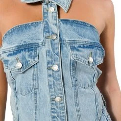 ANGELICA DENIM BUTTON DOWN COLLAR CORSET TOP -helmut shop angelica denim button down collar corset top light blue denim 10 10