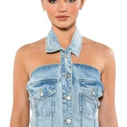 ANGELICA DENIM BUTTON DOWN COLLAR CORSET TOP -helmut shop angelica denim button down collar corset top light blue denim 3 3