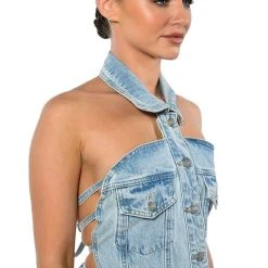 ANGELICA DENIM BUTTON DOWN COLLAR CORSET TOP -helmut shop angelica denim button down collar corset top light blue denim 4 4