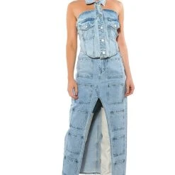 ANGELICA DENIM BUTTON DOWN COLLAR CORSET TOP -helmut shop angelica denim button down collar corset top light blue denim 5 5