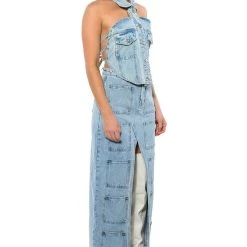 ANGELICA DENIM BUTTON DOWN COLLAR CORSET TOP -helmut shop angelica denim button down collar corset top light blue denim 6 6