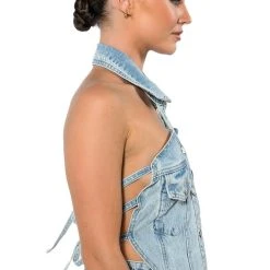 ANGELICA DENIM BUTTON DOWN COLLAR CORSET TOP -helmut shop angelica denim button down collar corset top light blue denim 8 8