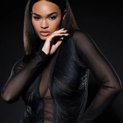 ANNIKA FRINGE DETAIL LONG SLEEVE MESH TOP -helmut shop annika fringe detail long sleeve mesh top black 2 2