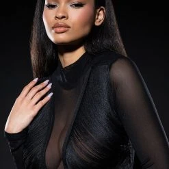 ANNIKA FRINGE DETAIL LONG SLEEVE MESH TOP -helmut shop annika fringe detail long sleeve mesh top black 3 3