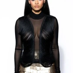 ANNIKA FRINGE DETAIL LONG SLEEVE MESH TOP -helmut shop annika fringe detail long sleeve mesh top black 5 5