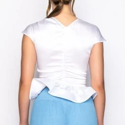 APEX SHORT SLEEVE SATIN PEPLUM BLOUSE -helmut shop apex short sleeve satin peplum blouse white 5 5