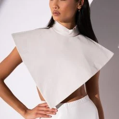 ARIA FAUX LEATHER MOCK NECK TRIANGLE BLOUSE 15 ARIA FAUX LEATHER MOCK NECK TRIANGLE BLOUSE -helmut shop aria faux leather mock neck triangle blouse white 2 2