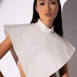 ARIA FAUX LEATHER MOCK NECK TRIANGLE BLOUSE 16 ARIA FAUX LEATHER MOCK NECK TRIANGLE BLOUSE -helmut shop aria faux leather mock neck triangle blouse white 3 3