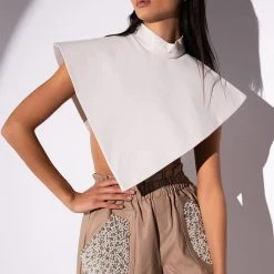 ARIA FAUX LEATHER MOCK NECK TRIANGLE BLOUSE 17 ARIA FAUX LEATHER MOCK NECK TRIANGLE BLOUSE -helmut shop aria faux leather mock neck triangle blouse white 4 4