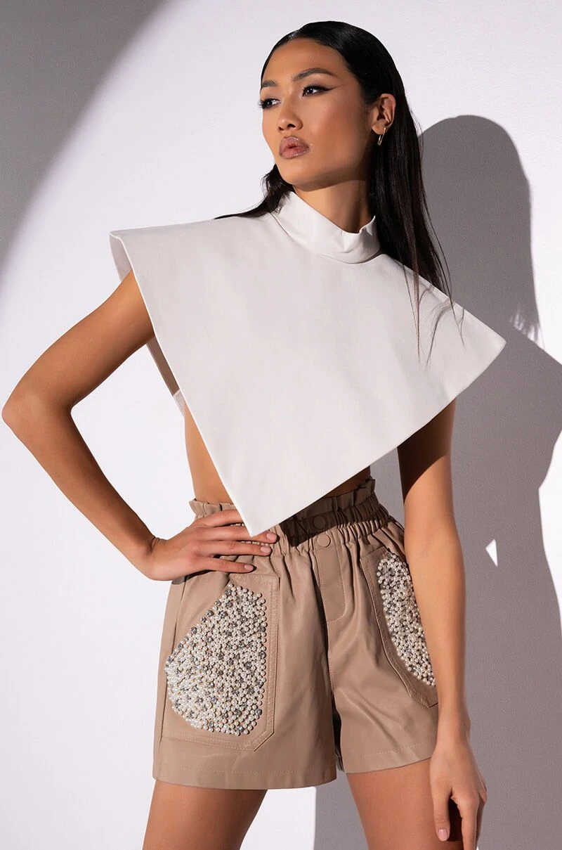 ARIA FAUX LEATHER MOCK NECK TRIANGLE BLOUSE 6 ARIA FAUX LEATHER MOCK NECK TRIANGLE BLOUSE - Image 4