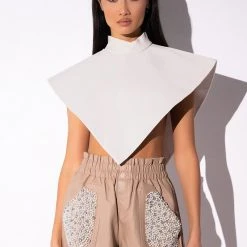 ARIA FAUX LEATHER MOCK NECK TRIANGLE BLOUSE 21 ARIA FAUX LEATHER MOCK NECK TRIANGLE BLOUSE -helmut shop aria faux leather mock neck triangle blouse white 8 8