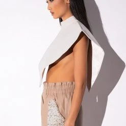 ARIA FAUX LEATHER MOCK NECK TRIANGLE BLOUSE 22 ARIA FAUX LEATHER MOCK NECK TRIANGLE BLOUSE -helmut shop aria faux leather mock neck triangle blouse white 9 9