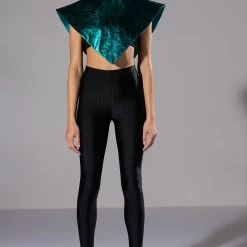 ARIA METALLIC FAUX LEATHER MOCK NECK TRIANGLE BLOUSE -helmut shop aria metallic faux leather mock neck triangle blouse teal 2 2 c1