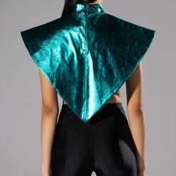 ARIA METALLIC FAUX LEATHER MOCK NECK TRIANGLE BLOUSE -helmut shop aria metallic faux leather mock neck triangle blouse teal 5 5