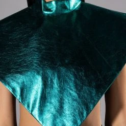 ARIA METALLIC FAUX LEATHER MOCK NECK TRIANGLE BLOUSE -helmut shop aria metallic faux leather mock neck triangle blouse teal 6 6