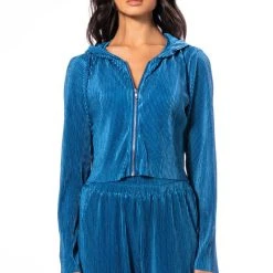 ASTRID PLEATED FRONT ZIP HOODIE -helmut shop astrid pleated front zip hoodie blue 4 4