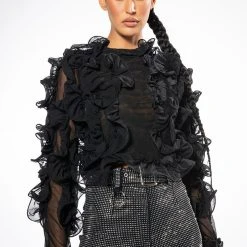 AT THE PREMIERE RUFFLE DETAIL LONG SLEEVE BLOUSE -helmut shop at the premiere ruffle detail long sleeve blouse black 2 2