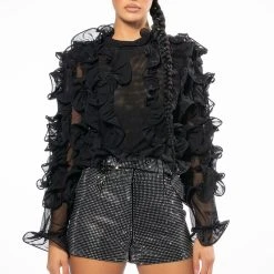 AT THE PREMIERE RUFFLE DETAIL LONG SLEEVE BLOUSE -helmut shop at the premiere ruffle detail long sleeve blouse black 4 4