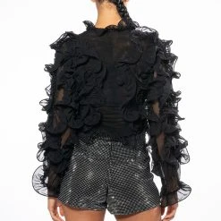 AT THE PREMIERE RUFFLE DETAIL LONG SLEEVE BLOUSE -helmut shop at the premiere ruffle detail long sleeve blouse black 6 6