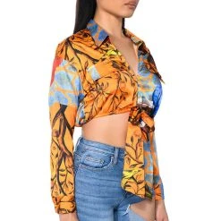 AUDREY PRINTED TIE FRONT BLOUSE -helmut shop audrey printed tie front blouse orange multi 2 2