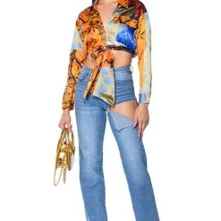 AUDREY PRINTED TIE FRONT BLOUSE -helmut shop audrey printed tie front blouse orange multi 3 3