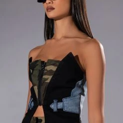 AVIATOR CAMO AND DENIM CORSET TOP -helmut shop aviator camo and denim corset top green multi 2 2