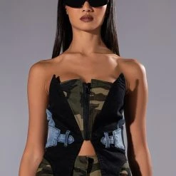 AVIATOR CAMO AND DENIM CORSET TOP -helmut shop aviator camo and denim corset top green multi 6 6