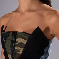 AVIATOR CAMO AND DENIM CORSET TOP -helmut shop aviator camo and denim corset top green multi 9 9