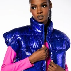 AZALEA WANG COZY CHIC ULTRA CROPPED VEST IN METALLIC -helmut shop azalea wang cozy chic ultra cropped vest in metallic blue 2 2
