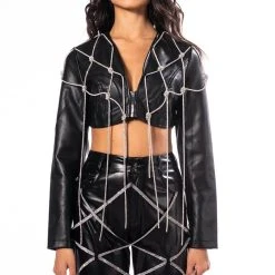 AZALEA WANG ULTRA CROP PU JACKET WITH RHINESTONES -helmut shop azalea wang ultra crop pu jacket with rhinestones black 3 3