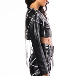 AZALEA WANG ULTRA CROP PU JACKET WITH RHINESTONES -helmut shop azalea wang ultra crop pu jacket with rhinestones black 4 4