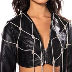 AZALEA WANG ULTRA CROP PU JACKET WITH RHINESTONES -helmut shop azalea wang ultra crop pu jacket with rhinestones black 6 6